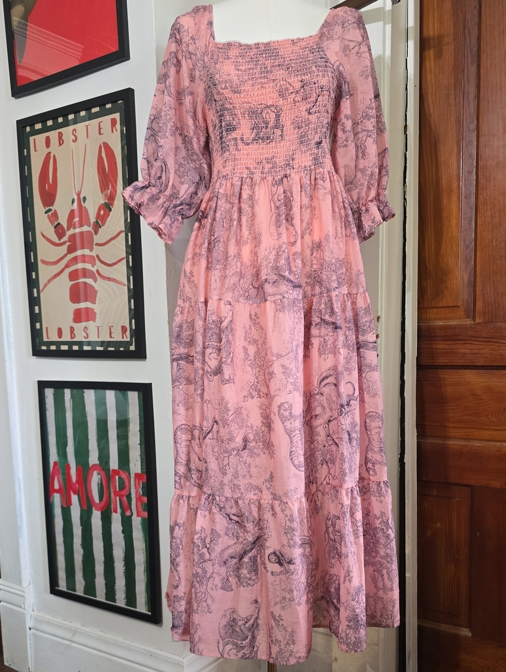 Sunday Up  Pink Toile Tiger Printed Smocked Maxi Dress Large